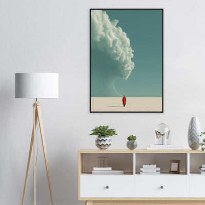 Modernes Wüsten-Wandbild im schwarzen Metallrahmen für minimalistisches Interior.