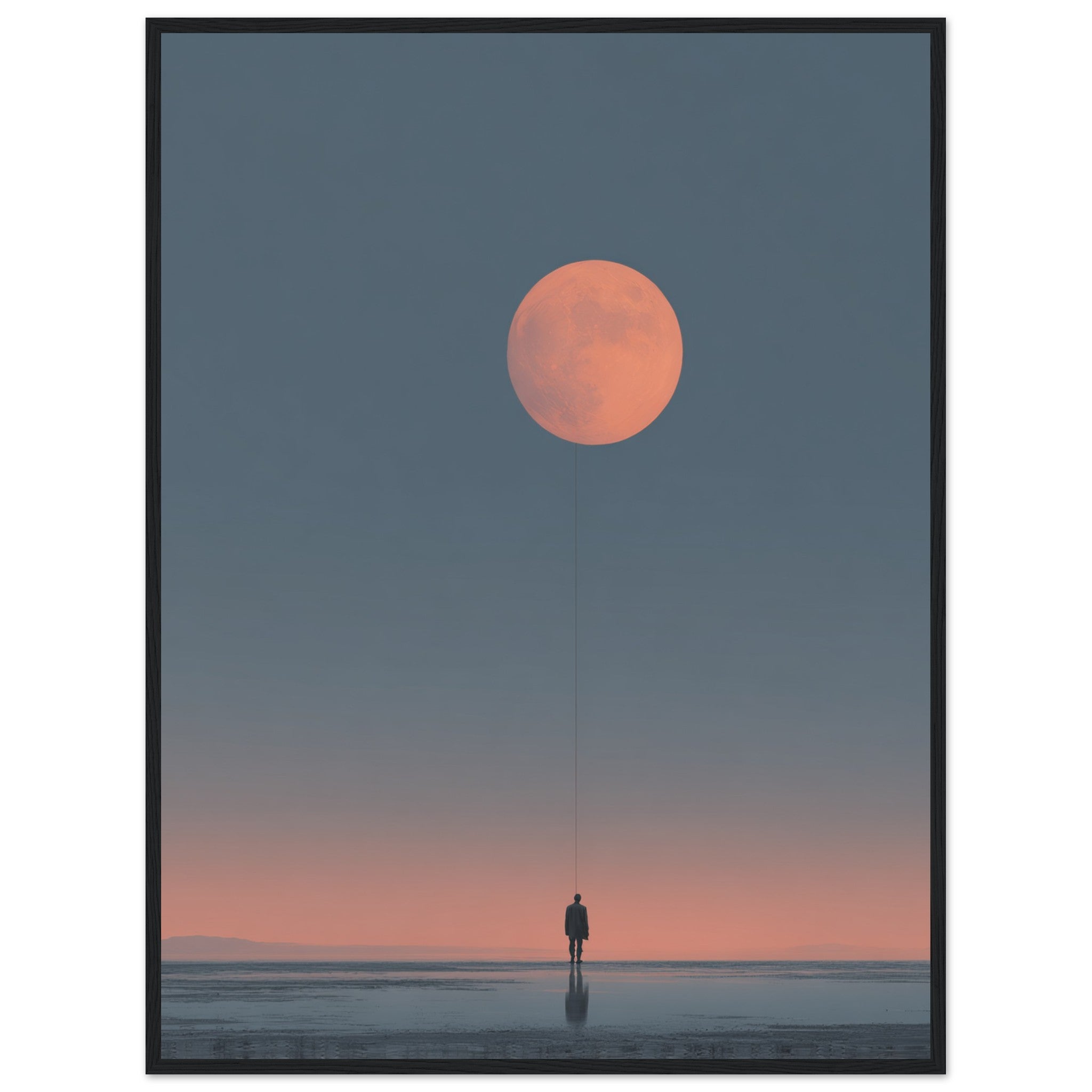 Minimalistisches Kunstposter im schwarzen Holzrahmen. Einsame Figur hält Mond an einer Schnur. Surreale Kunst für Minimalismus.