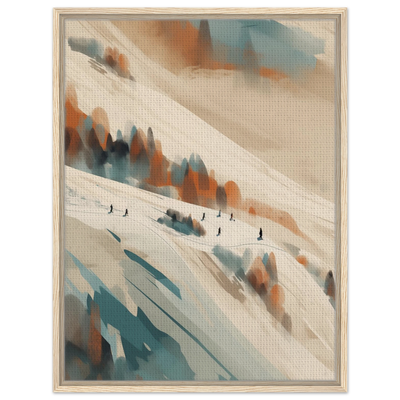 Wandbild Ski Slope im hellen Holzrahmen: Natürliche Eiche wärmt die kühle Ästhetik der verschneiten Piste auf.