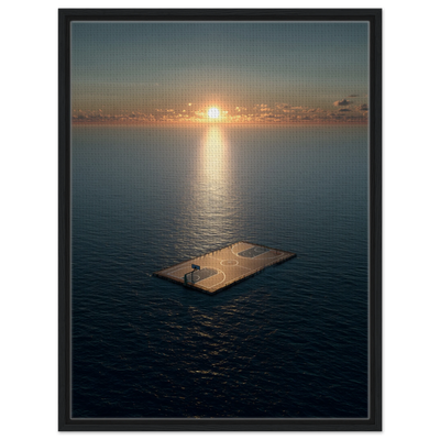 Surreales Leinwandbild Basketball mit schwarzen Holzrahmen: Ein einzelner Basketballplatz treibt als hölzernes Floß auf dem offenen, tiefblauen Meer. Im Hintergrund geht die Sonne mittig am Horizont unter und wirft einen goldenen Lichtstreifen (Golden Hour) über die sanften Wellen und das Spielfeld.