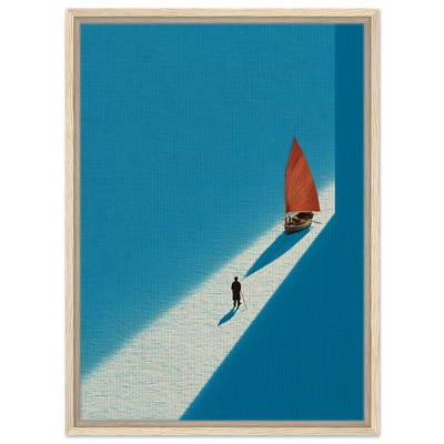 Minimalistisches Poster einer Silhouette, die ein kleines rotes Boot über einen gefrorenen, weißen See zieht. Leinwand im hellen Holzrahmen.
Minimalitisches Interior Design.