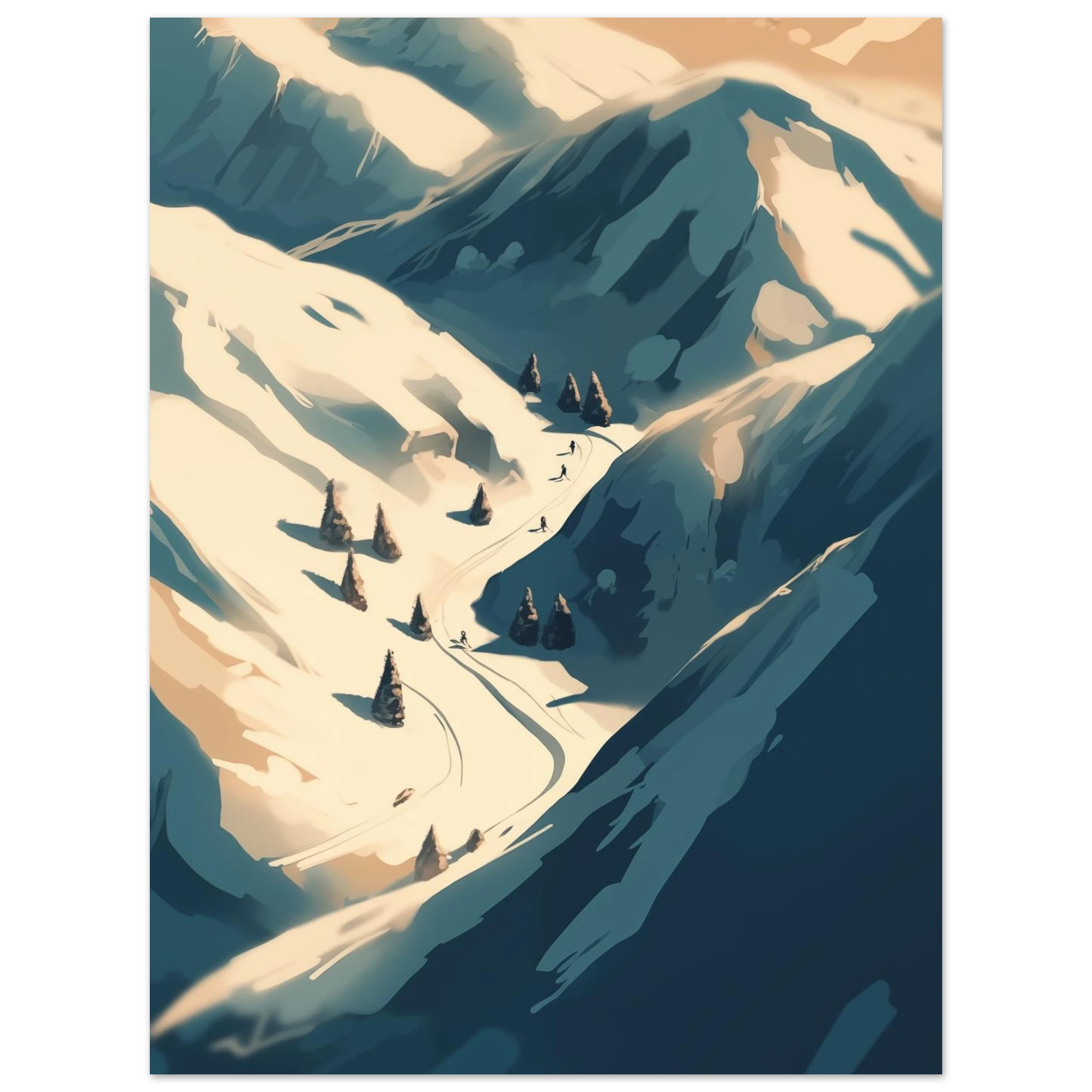 Premium Poster Wintersport: Detailreicher Druck der Skispuren im Schnee und der dynamischen Abfahrt in den Bergen.