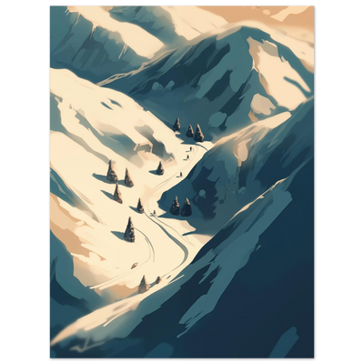 Premium Poster Wintersport: Detailreicher Druck der Skispuren im Schnee und der dynamischen Abfahrt in den Bergen.
