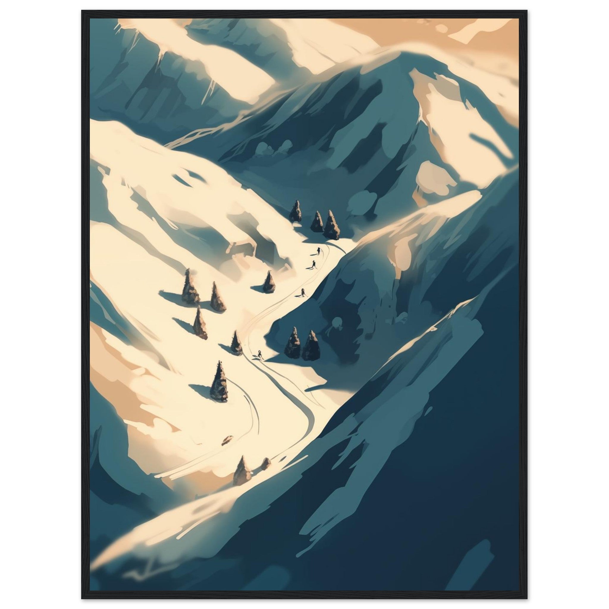 Gerahmter Kunstdruck in Schwarz: Dunkler Rahmen bildet starken Kontrast zur hellen Ski-Landschaft und den weißen Bergen.