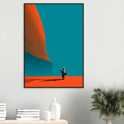 Modernes minimalistisches Wandbild in Orange und Blau im schwarzen Holzrahmen. Wohnzimmer Dekoration.