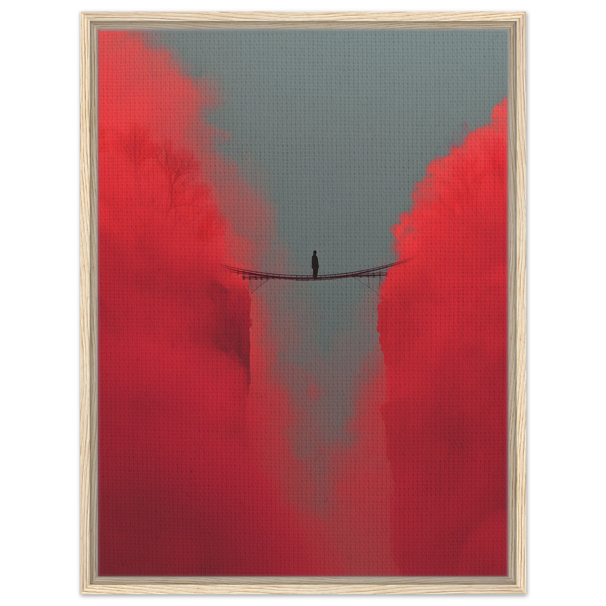 Minimalistisches Poster mit einer kleinen Silhouette vor einem riesigen grauen nichts im sanften Licht. Leinwand im hellen Holzrahmen.