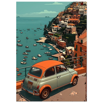 Premium Poster Dolce Vita: Detailreicher Druck des Kultautos und der malerischen italienischen Aussicht.
