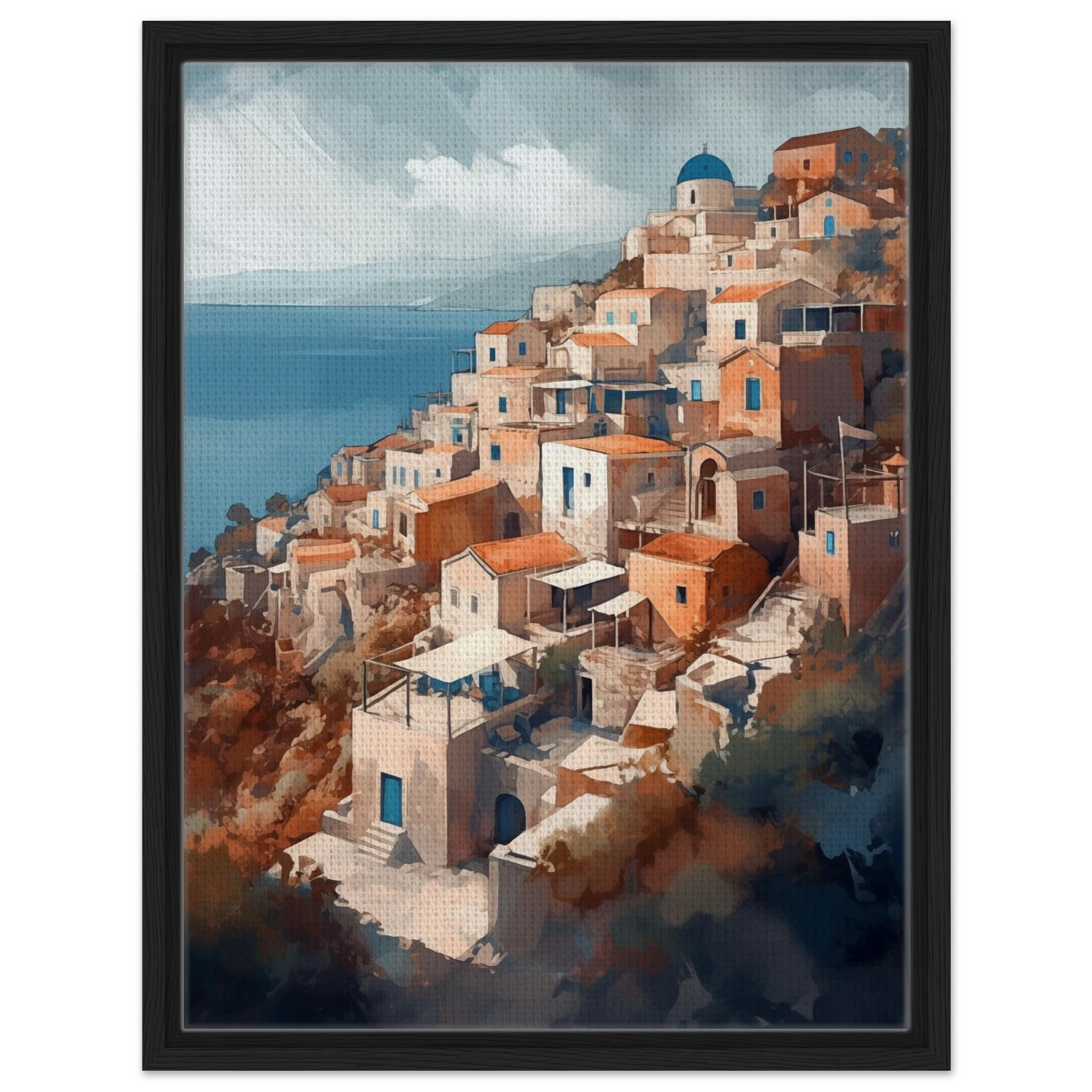 Wandbild Santorini im schwarzen Holzrahmen: Natürliche Eiche unterstreicht die mediterrane Wärme der griechischen Insel-Architektur.
