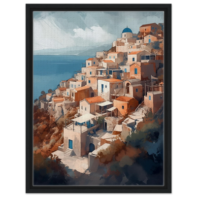 Wandbild Santorini im schwarzen Holzrahmen: Natürliche Eiche unterstreicht die mediterrane Wärme der griechischen Insel-Architektur.