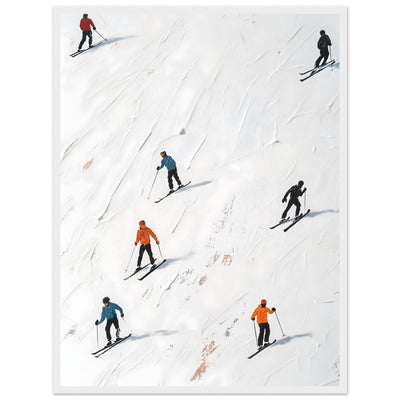 Modernes Skifahrer Bild Go Skiing im weißen Schattenfugenrahmen, minimalistische Wandkunst mit haptischer Textur für helle Räume.