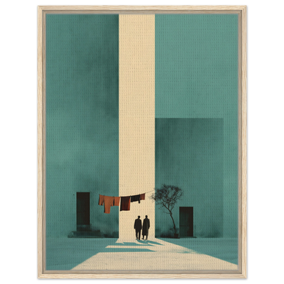 Minimalistisches Poster eines Paares, das durch eine extrem hohe, schmale Häusergasse auf ein helles Licht zugeht. Leinwand im hellen Holzrahmen.