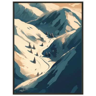 Gerahmter Kunstdruck im schwarzen Metallrahmen: Dunkler Rahmen bildet starken Kontrast zur hellen Ski-Landschaft und den weißen Bergen.