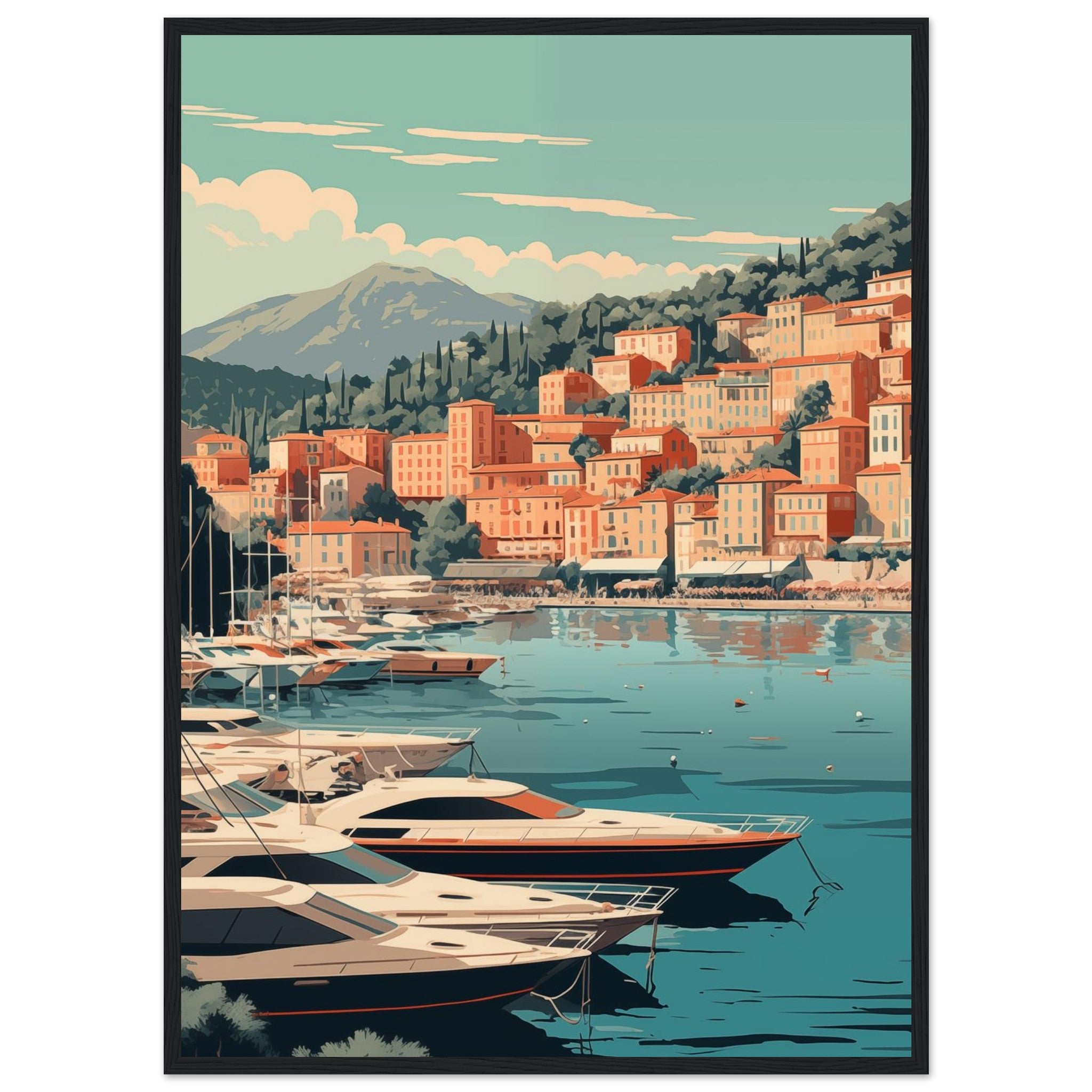Gerahmter Kunstdruck in Schwarz: Dunkler Rahmen verleiht der luxuriösen Monaco-Hafenszene moderne Kontur und Tiefe.