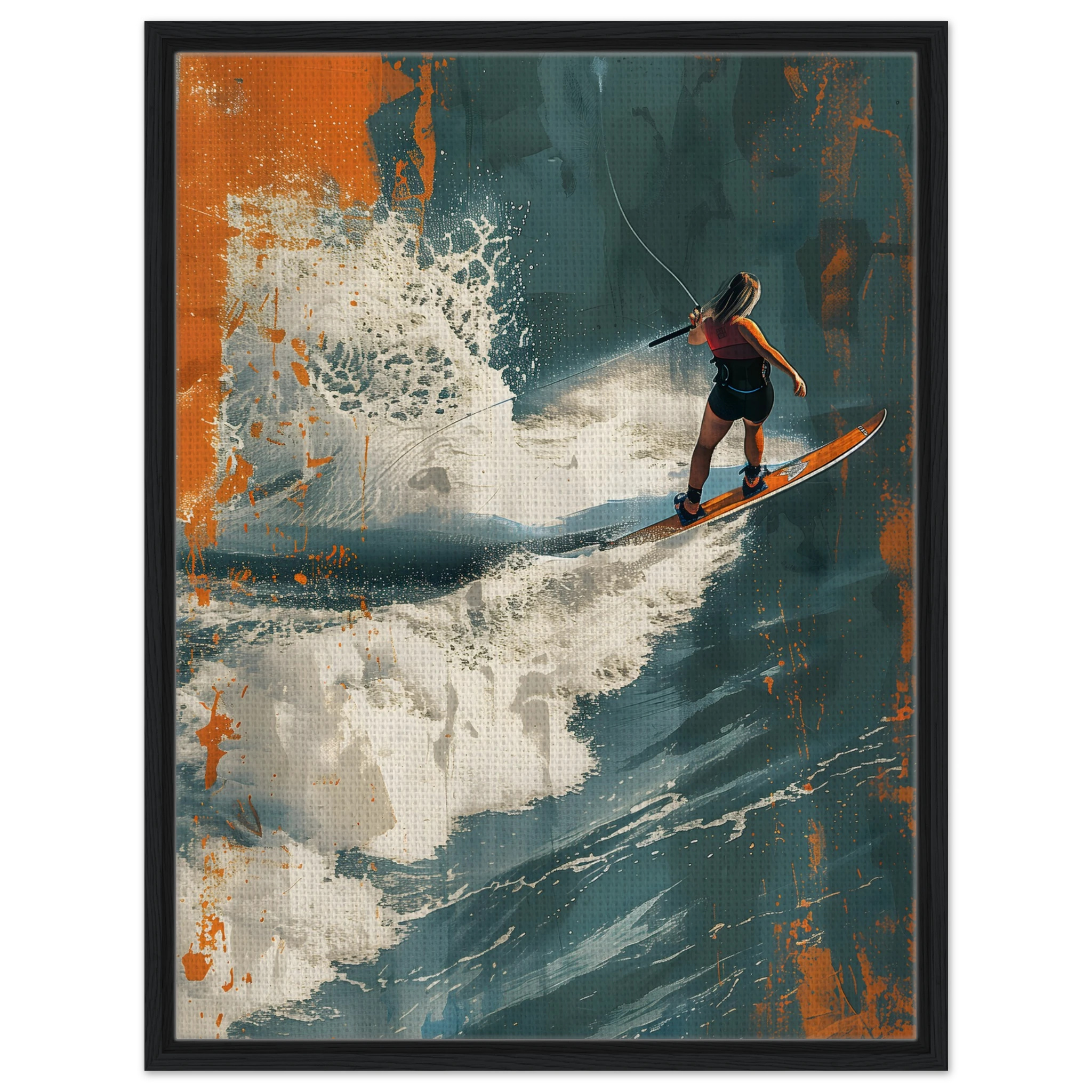 Wandbild Wakesurf im schwrzen Holzrahmen: Natürliche Eichen-Optik unterstreicht die Dynamik und Freiheit der Wellenreiterin.