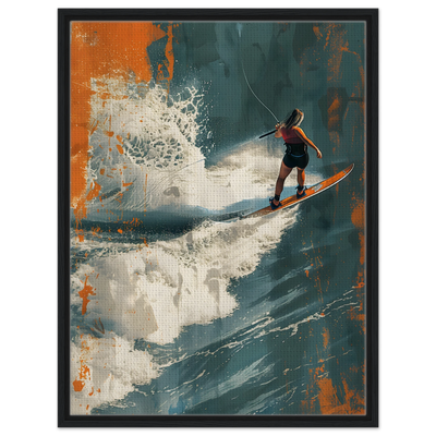 Wandbild Wakesurf im schwrzen Holzrahmen: Natürliche Eichen-Optik unterstreicht die Dynamik und Freiheit der Wellenreiterin.