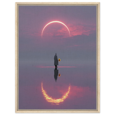 Surrealistisches Poster mit einer einsamen Figur die eine Sonnenblume vor einer leuchtenden Sonnenfinsternis hält. Leinwand im hellen Holzrahmen.