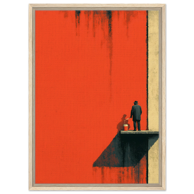 Minimalistisches Poster einer Figur auf einer Hebebühne, die eine endlose rote Wand gelb streicht. Alter Mann Ästhetik. Minimalistisches Interior.
Leinwand im hellen Holzrahmen. 