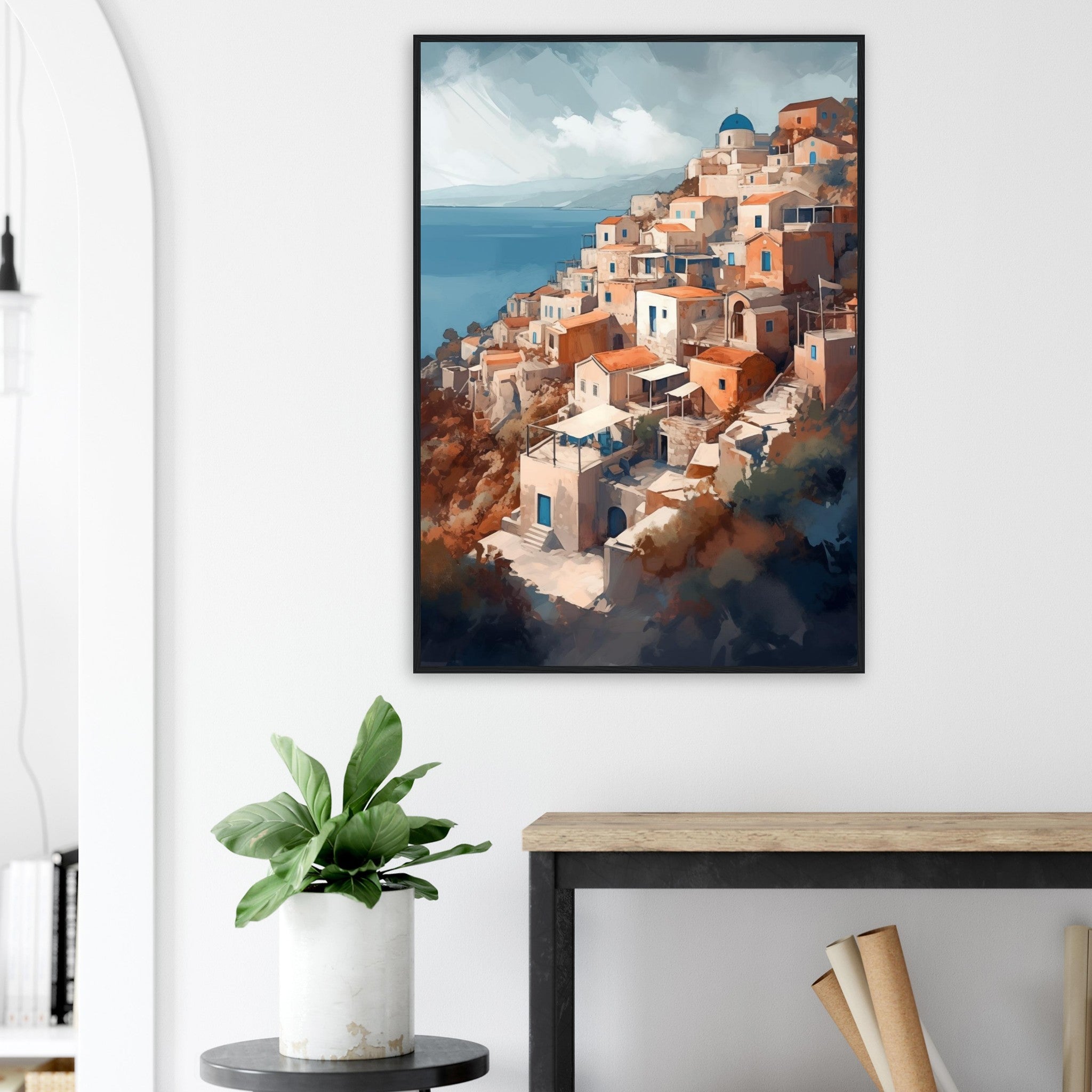Großes Wandbild im Wohnzimmer: Der Santorini-Blick schafft Helligkeit, Weite und sofortiges Sommer-Urlaubsflair im Raum.