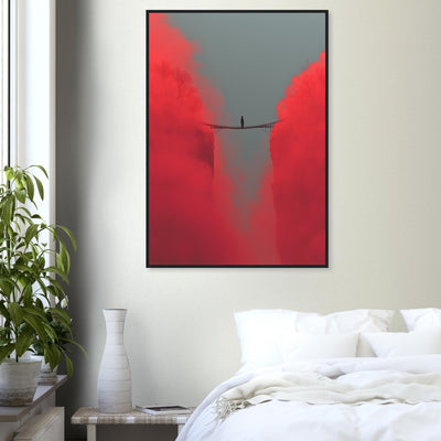 Beruhigendes minimalistisches Wandbild im schwarzen Metallrahmen für eine beruhigende Schlafzimmer-Deko.