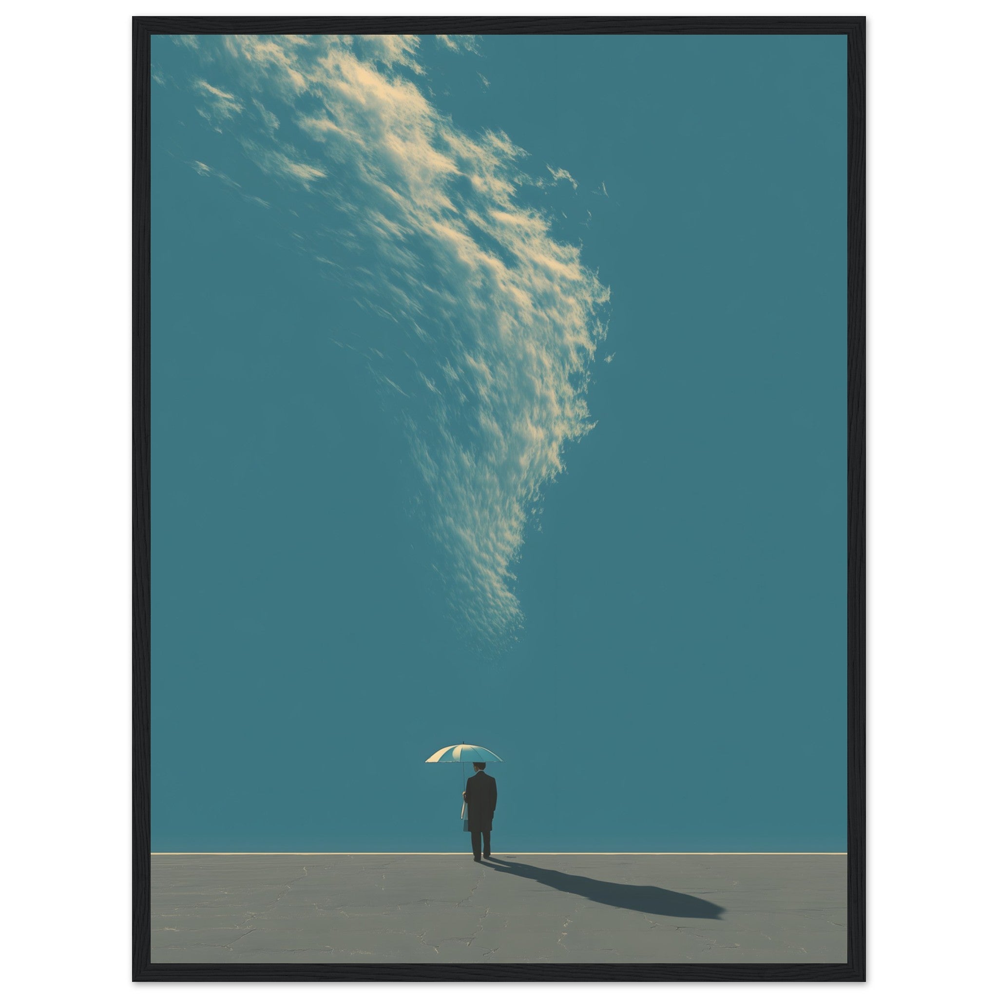 Minimalistisches Poster einer einsamen Figur mit hellen Himmel und Wolken Muster zwischen dunkler Geometrie. Poster im schwarzen Holzrahmen.