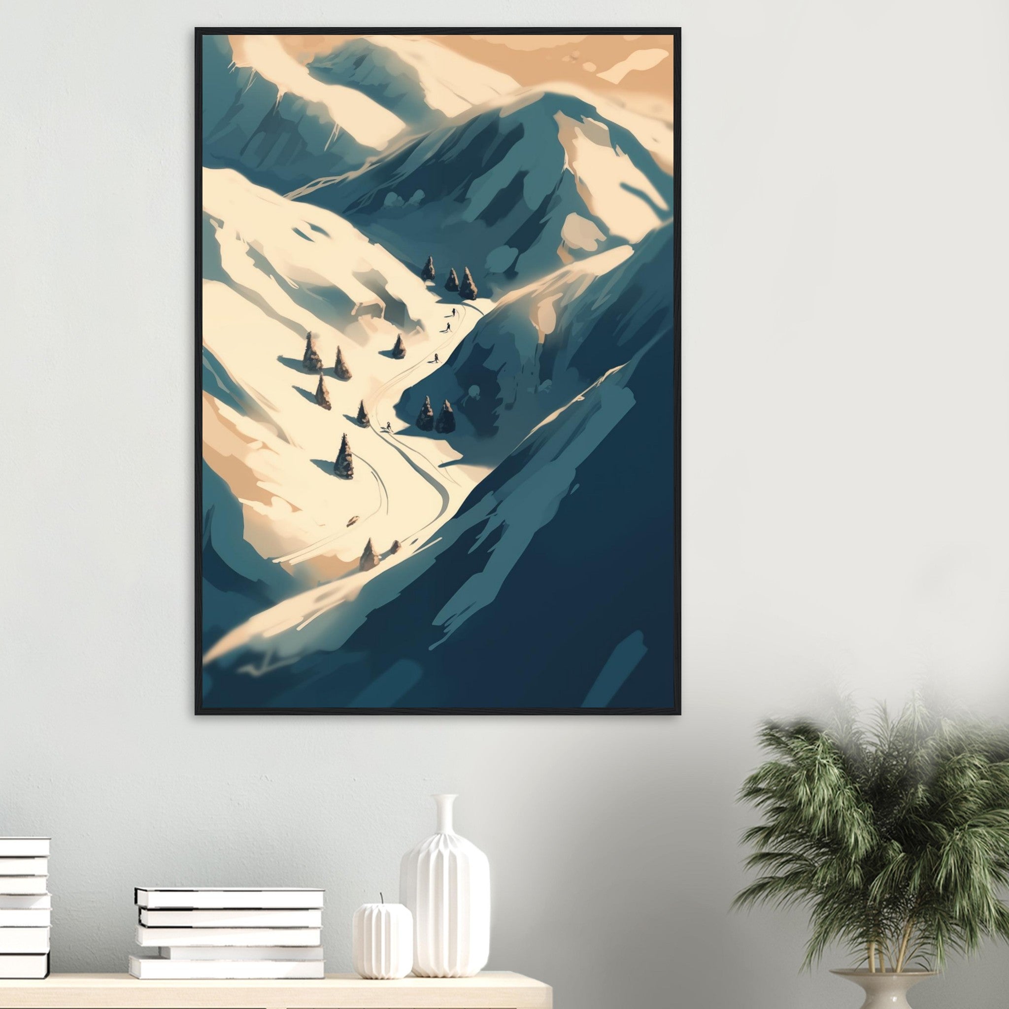 Großes Wandbild im Wohnzimmer: Die Alpen-Szenerie bringt Frische, Weite und gemütliches Winter-Chalet-Flair in den Raum.