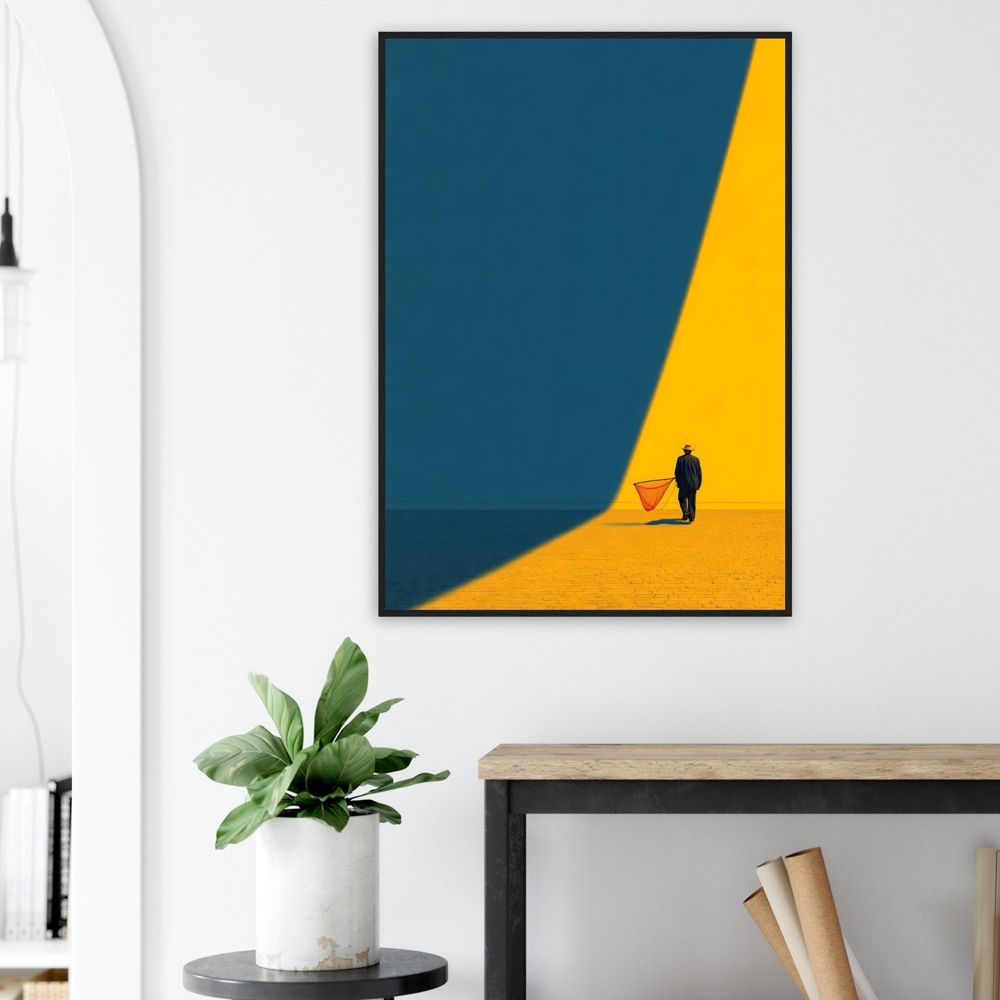 Modernes Western-Kunstbild im schwarzen Holzrahmen für ein markantes Interior Design. Minimalistische Wohnzimmer Dekoration.