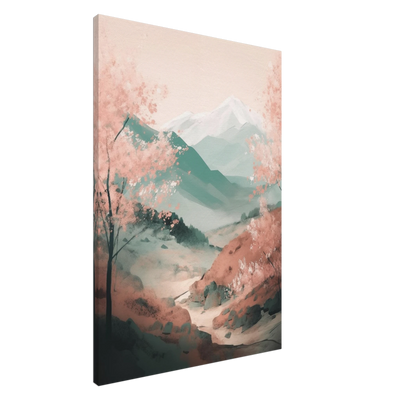 Leinwandbild Japan: Malerische Landschaft mit blühenden rosa Kirschblüten und sanften Bergen im Hintergrund.