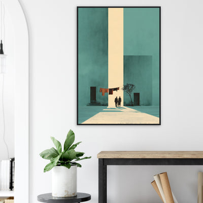 Modernes Architektur-Poster mit Paar-Motiv im schwarzen Holzrahmen für das Wohnzimmer.