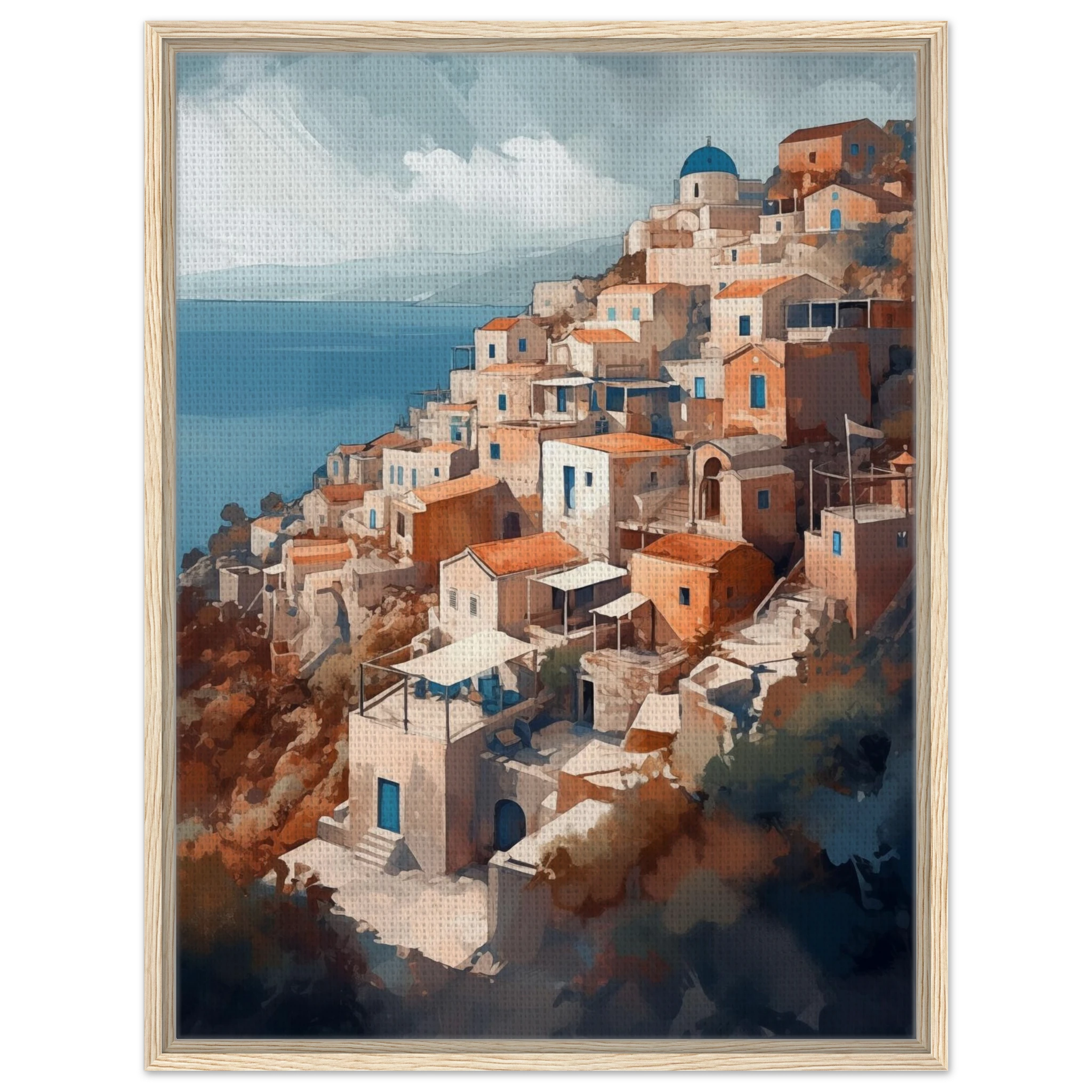 Wandbild Santorini im hellen Holzrahmen: Natürliche Eiche unterstreicht die mediterrane Wärme der griechischen Insel-Architektur.