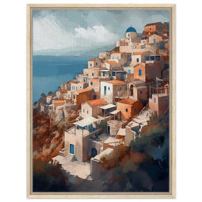 Wandbild Santorini im hellen Holzrahmen: Natürliche Eiche unterstreicht die mediterrane Wärme der griechischen Insel-Architektur.