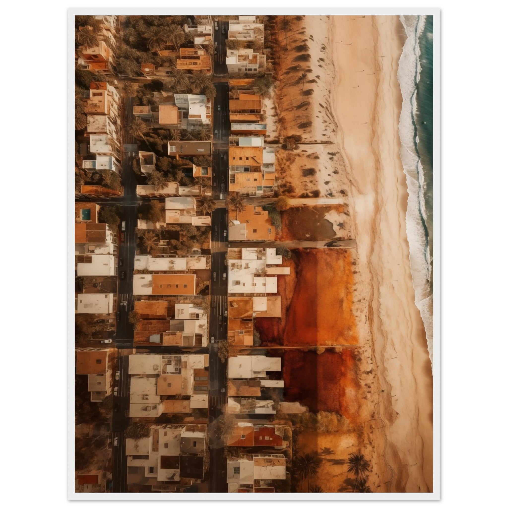 Strand Motiv im weißen Schattenfugenrahmen: Helle Rahmung betont die Frische des Ozeans und die Helligkeit.