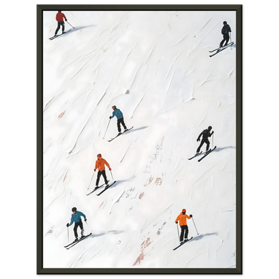 Edles Wandbild Go Skiing im schwarzen Metallrahmen, Skifahrer in den Alpen auf Leinwand, kontrastreiches Design-Element.