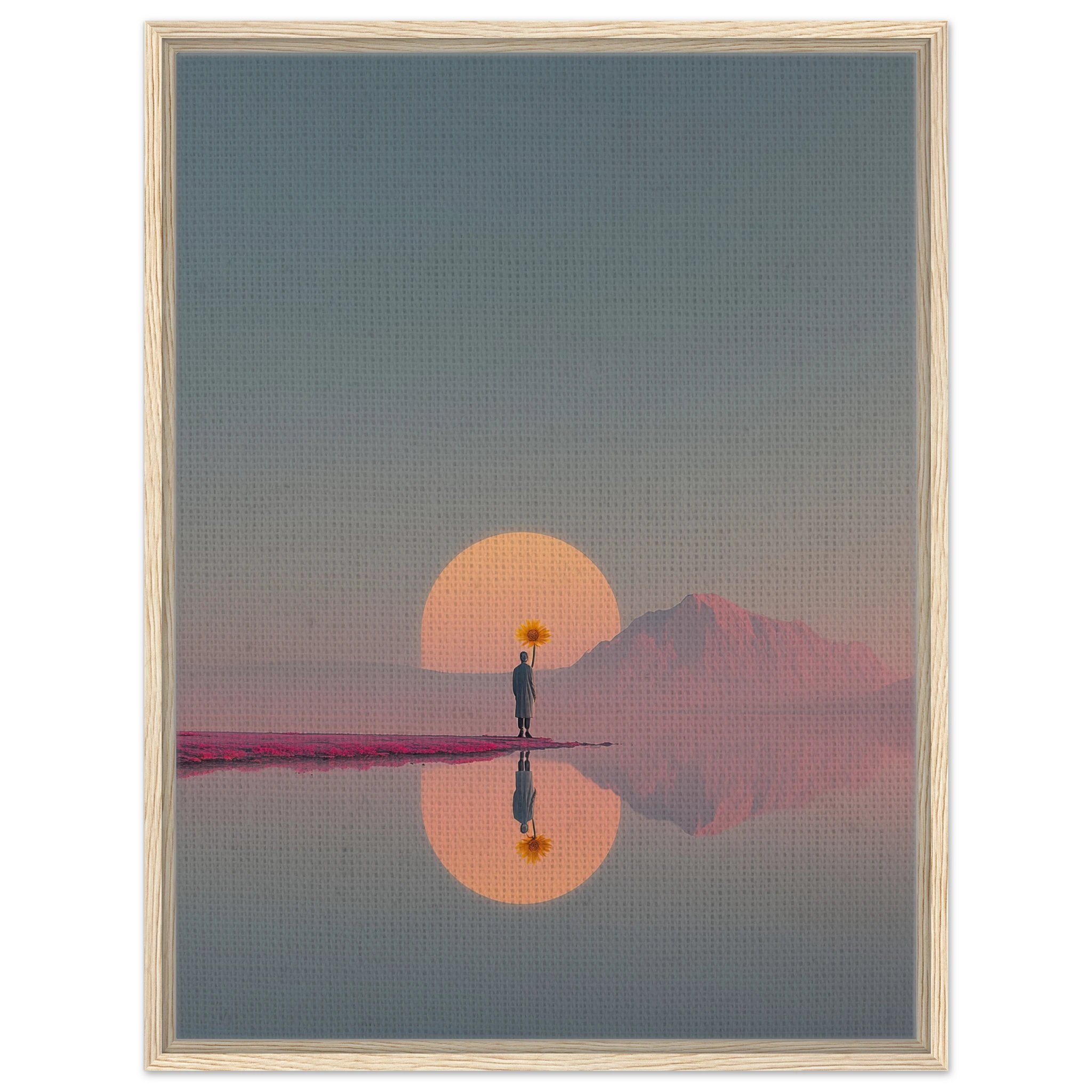 Surrealistisches Poster mit einer kleinen Figur auf einer endlosen Weg unter einer großen Kugel. Leinwand im hellen Holzrahmen.