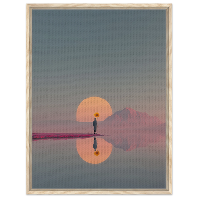 Surrealistisches Poster mit einer kleinen Figur auf einer endlosen Weg unter einer großen Kugel. Leinwand im hellen Holzrahmen.
