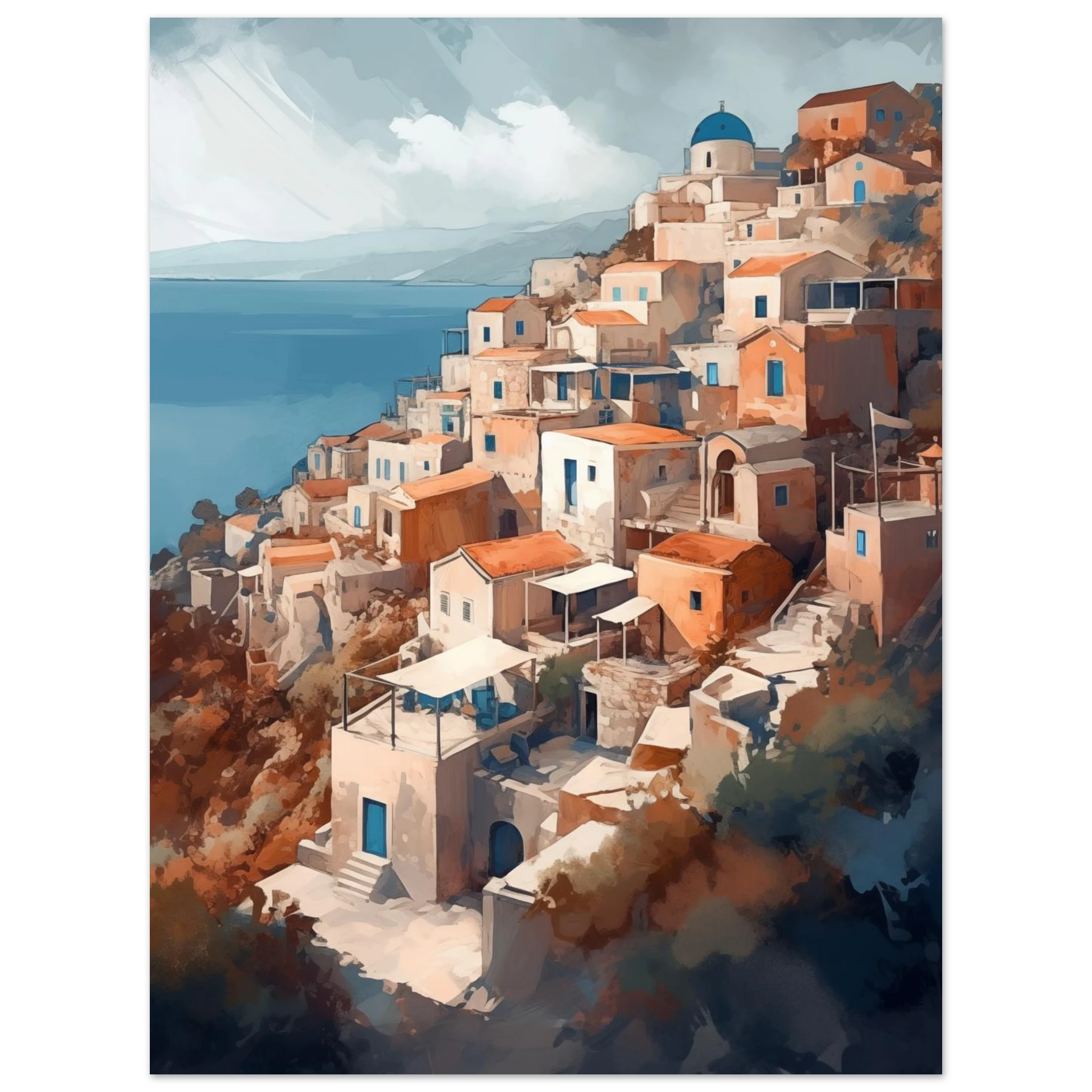 Premium Poster Meerblick: Detailreicher Druck der verwinkelten Gassen, Treppen und Kuppeln der Vulkaninsel.