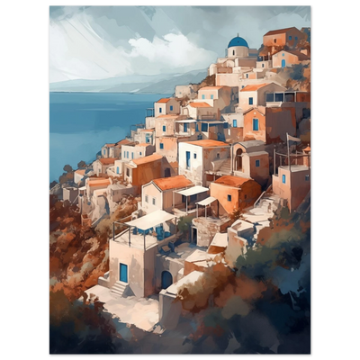 Premium Poster Meerblick: Detailreicher Druck der verwinkelten Gassen, Treppen und Kuppeln der Vulkaninsel.