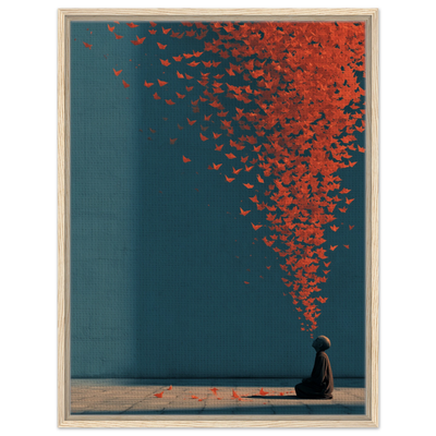 Surrealistisches Poster kniende Person lässt rote Origami Vögel in den blauen Himmel steigen. Leinwand im hellen Holzrahmen.
