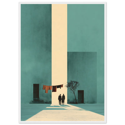 Minimalistisches Poster eines Paares, das durch eine extrem hohe, schmale Häusergasse auf ein helles Licht zugeht. Poster im weißen Holzrahmen.