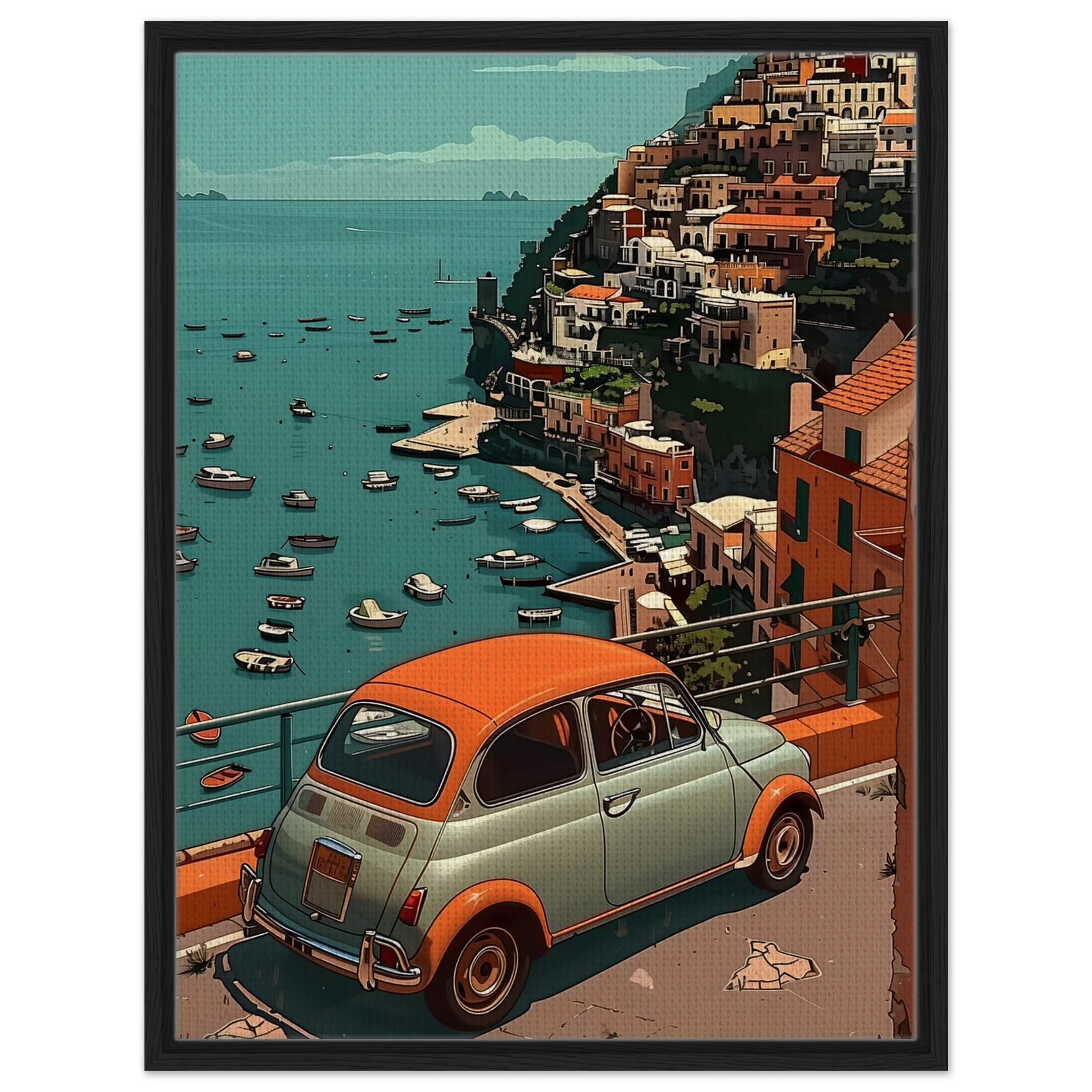 Wandbild Fiat im schwarzen Holzrahmen: Natürliche Eichen-Optik unterstreicht den nostalgischen Charme des italienischen Oldtimers.