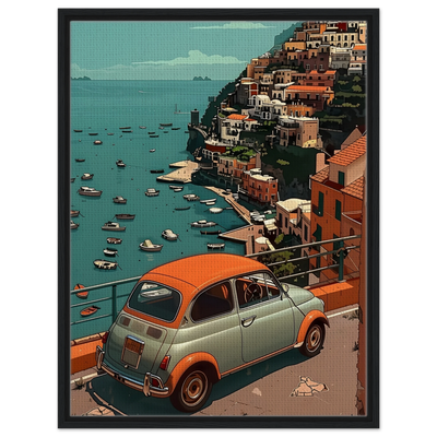 Wandbild Fiat im schwarzen Holzrahmen: Natürliche Eichen-Optik unterstreicht den nostalgischen Charme des italienischen Oldtimers.