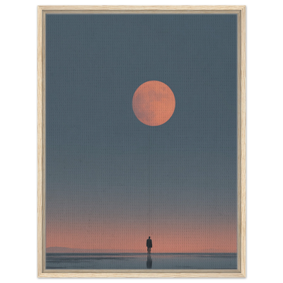 Minimalistisches Kunstposter einsame Figur hält Mond an einer Schnur Surrealismus. Leinwand im hellen Holzrahmen