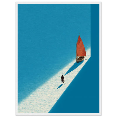 Minimalistisches Poster einer Silhouette, die ein kleines rotes Boot über einen gefrorenen, weißen See zieht. Poster im weißen Holzrahmen.
Minimalitisches Interior Design.