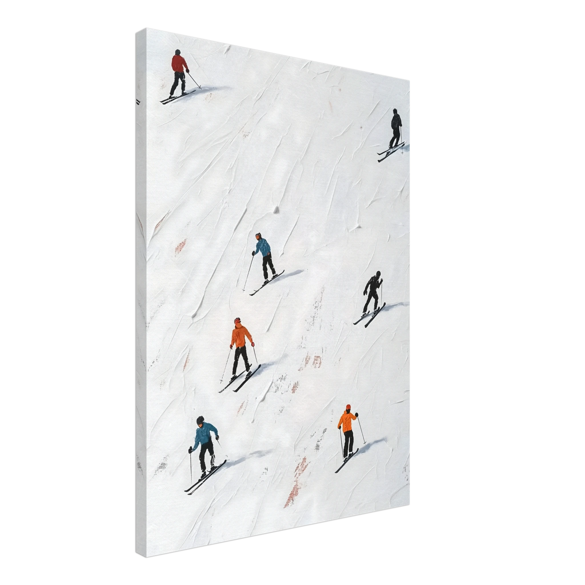 Hochwertiges Leinwandbild Go Skiing mit Skifahrern in Struktur-Optik, modernes Wintersport Motiv für stilvolle Wandgestaltung.