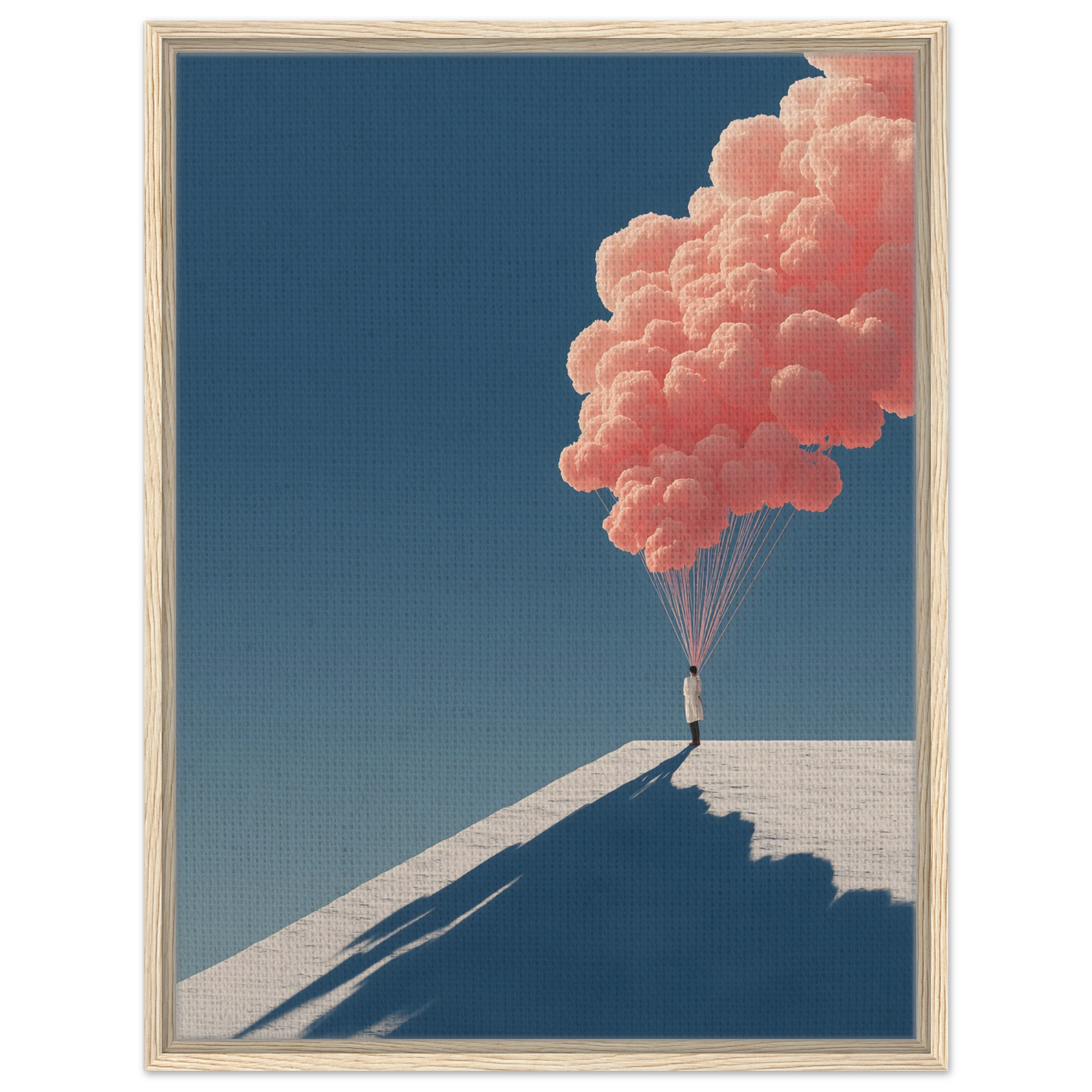 Minimalistisches Poster einer Figur, die an einem Bündel kleiner Wolken wie an Ballons in den Himmel schwebt. Leinwand im hellen Holzrahmen.