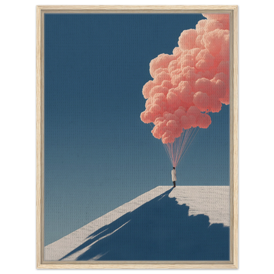 Minimalistisches Poster einer Figur, die an einem Bündel kleiner Wolken wie an Ballons in den Himmel schwebt. Leinwand im hellen Holzrahmen.