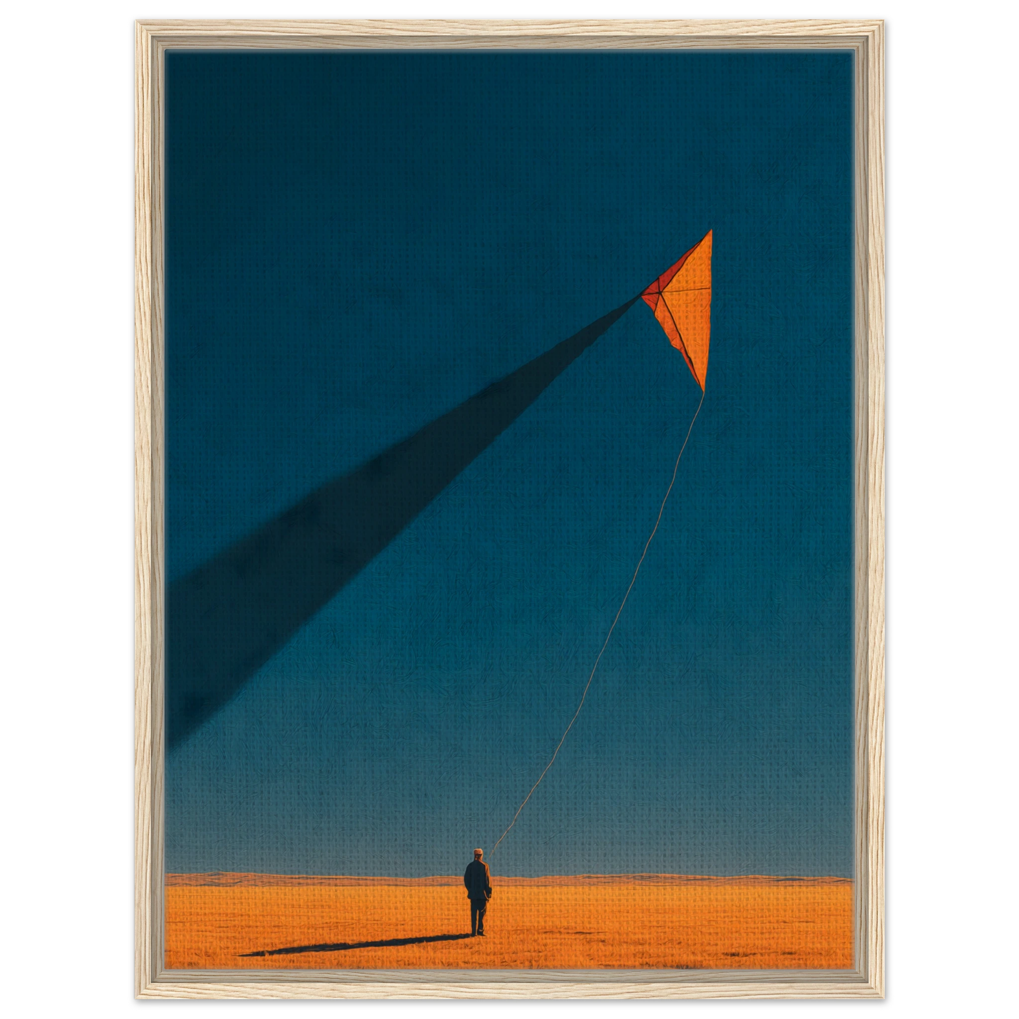 Minimalistisches Poster einer winzigen Figur, die einen Drachen in einer weiten Dünenlandschaft steigen lässt. Skandinavian Interior. 
Leinwand im hellen Holzrahmen.
