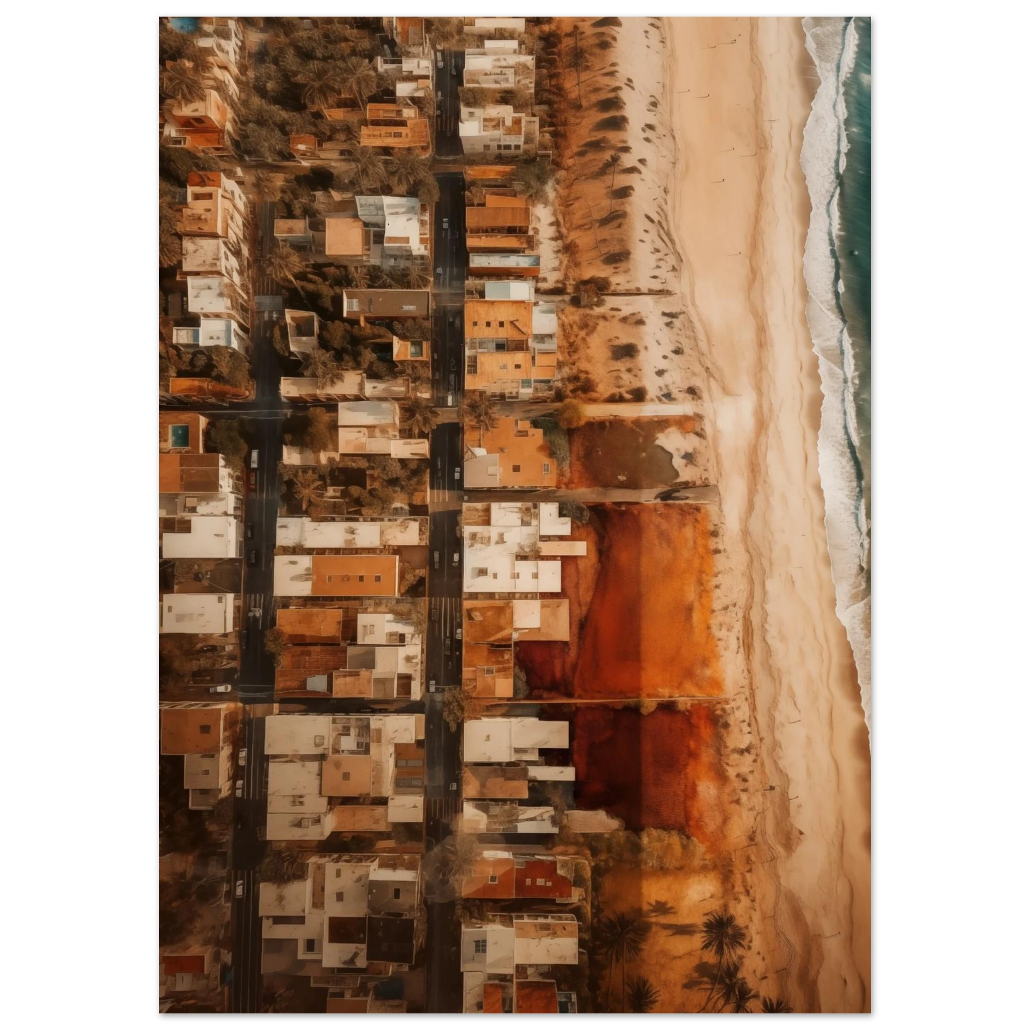 Premium Poster USA: Detailreicher Druck der Küstenlinie, der Wellenstruktur und des entspannten Strandlebens.