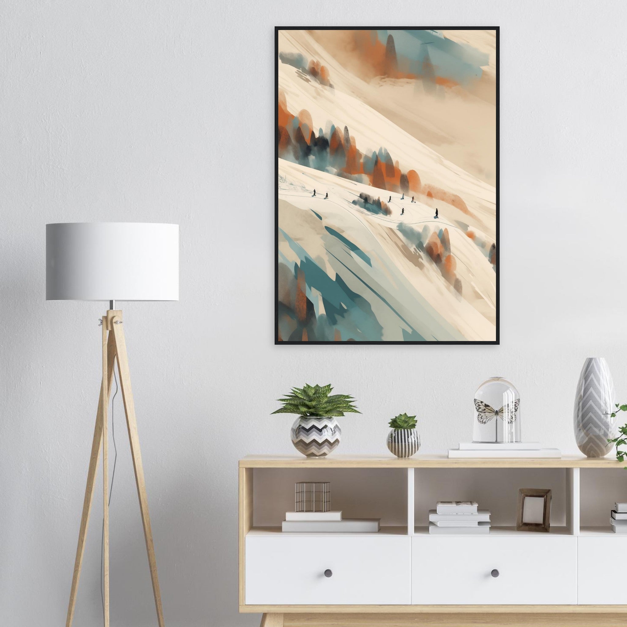 Großes Wandbild im Wohnzimmer: Die Ski-Szene bringt sportliche Eleganz, Helligkeit und Winter-Flair in den Raum.