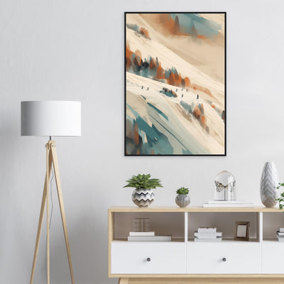 Großes Wandbild im Wohnzimmer: Die Ski-Szene bringt sportliche Eleganz, Helligkeit und Winter-Flair in den Raum.