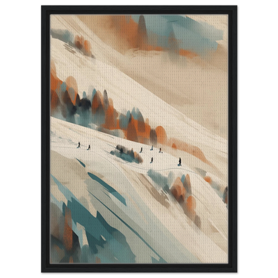 Wandbild Ski Slope im schwarzen Holzrahmen: Natürliche Eiche wärmt die kühle Ästhetik der verschneiten Piste auf.